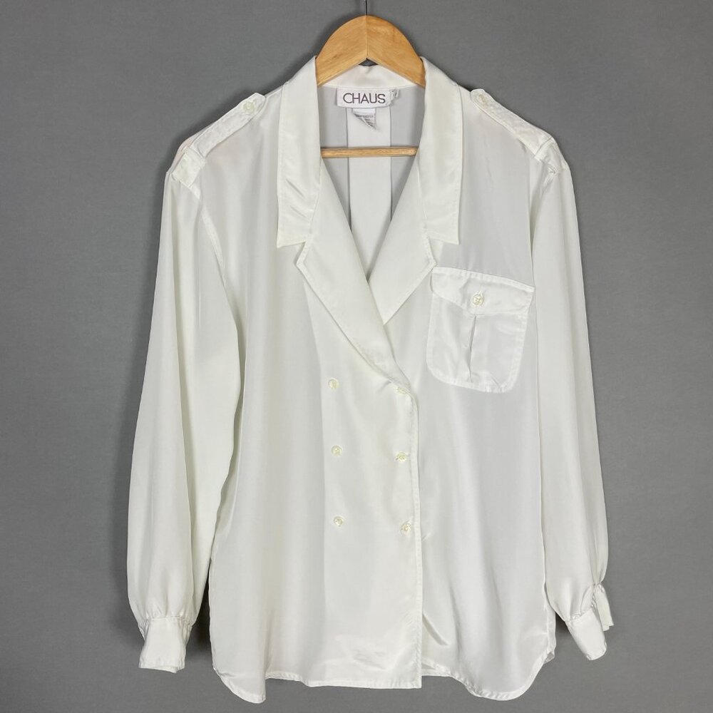 Vintage 80s Blouse Double Breasted Women White Button-Up‎ Long Sleeve Office Top